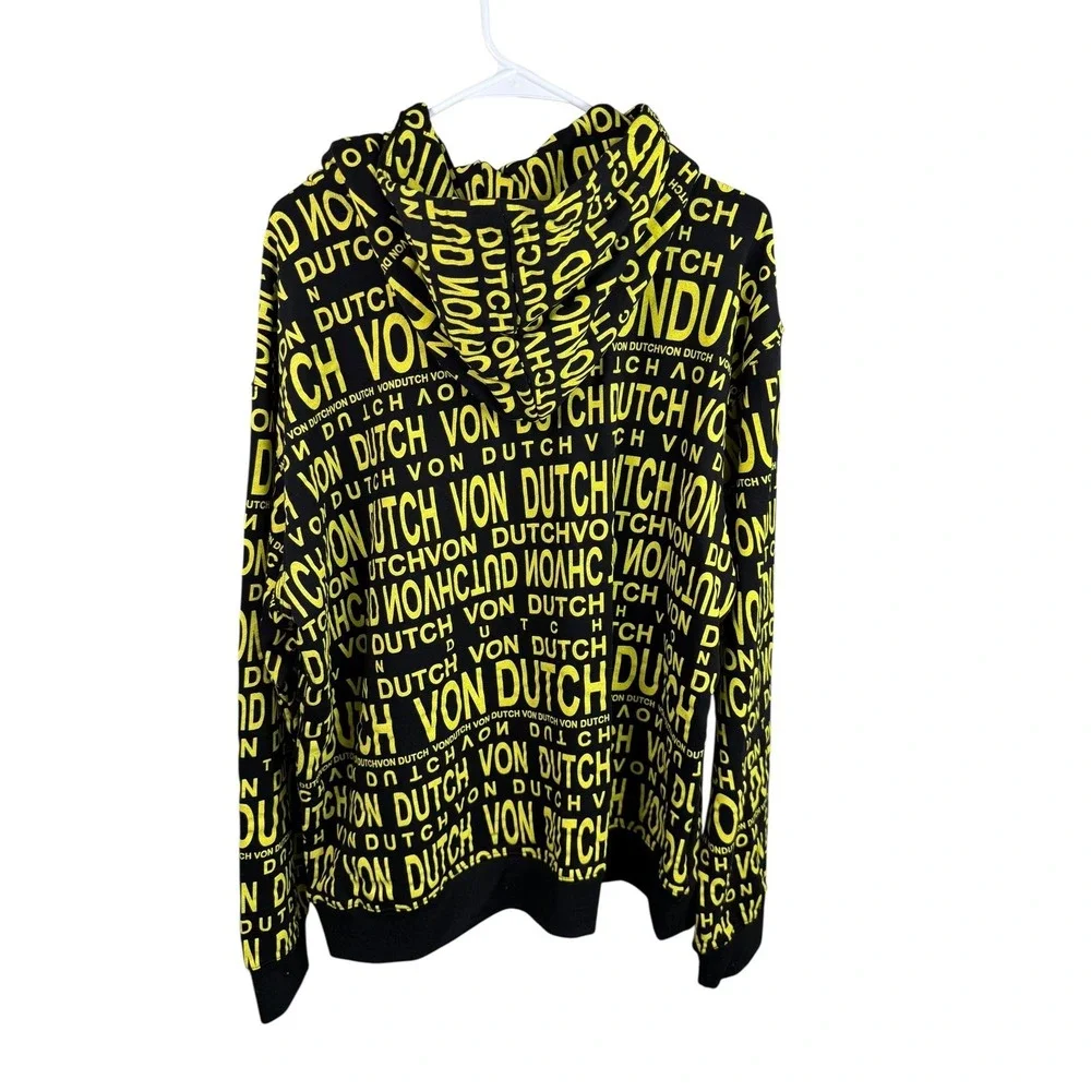 Von Dutch Hoodie Mens Large Black Yellow All Over Logo Print Full Zip Paris - Picture 3 of 5